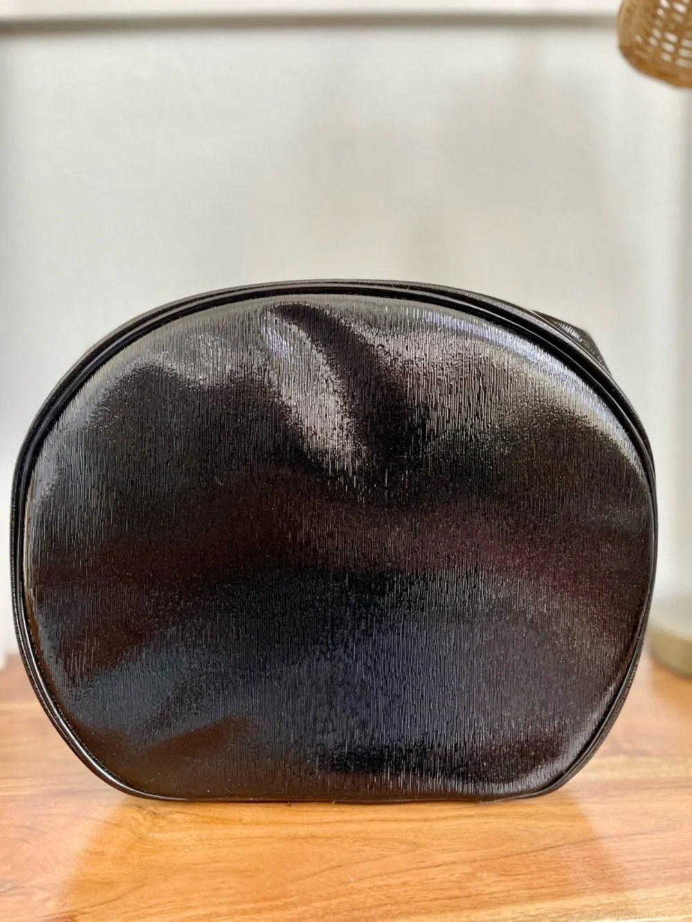 Lancome Large Round Black Patent Leather-Look Makeup Case Travel Bag NWOT